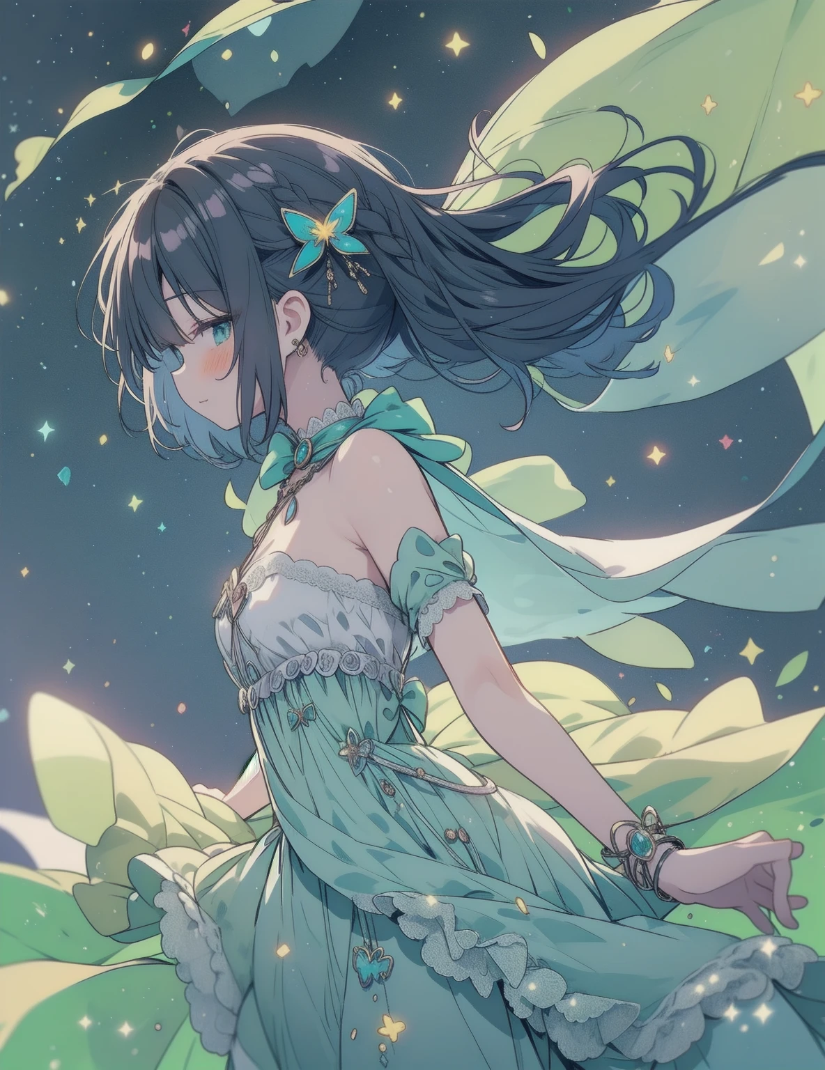 natural lighting, soft smile, upturned cheeks, half up-do, floating hair, coquettish hair, slightly shining hair, dress, silk, satin, silky gloss, 1girl, solo, evening, starry sky, spring ephemerals, profile, crystal, glassy gloss, amorphous dress, tropical bird, fire fly, lighting fly, butter fly, morpho, jewelry, ornaments, antique,