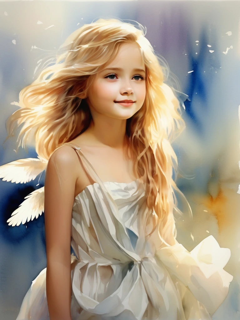 (((Watercolor)))1 Angel girl facing forward, Beautiful wings on the back、Blonde, Long Hair, alone、smile、magic, Strapless White Dress、Hopeful Face、