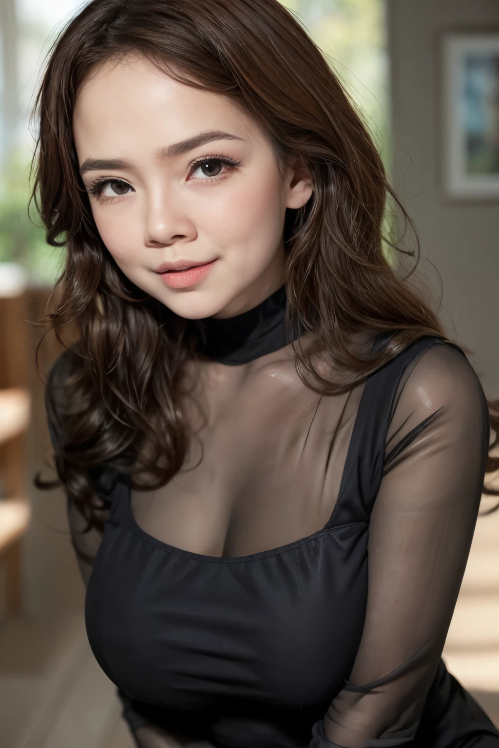 adorable, 1 girl, (face to face), 10 years old, baby face, happy, half body portrait, (face details: 1), (eye details:1), ((big breasts)). wearing transparency long shirt, .. Cute posed. proportional body. Ultra High Res. realistic: 1.4, UHD