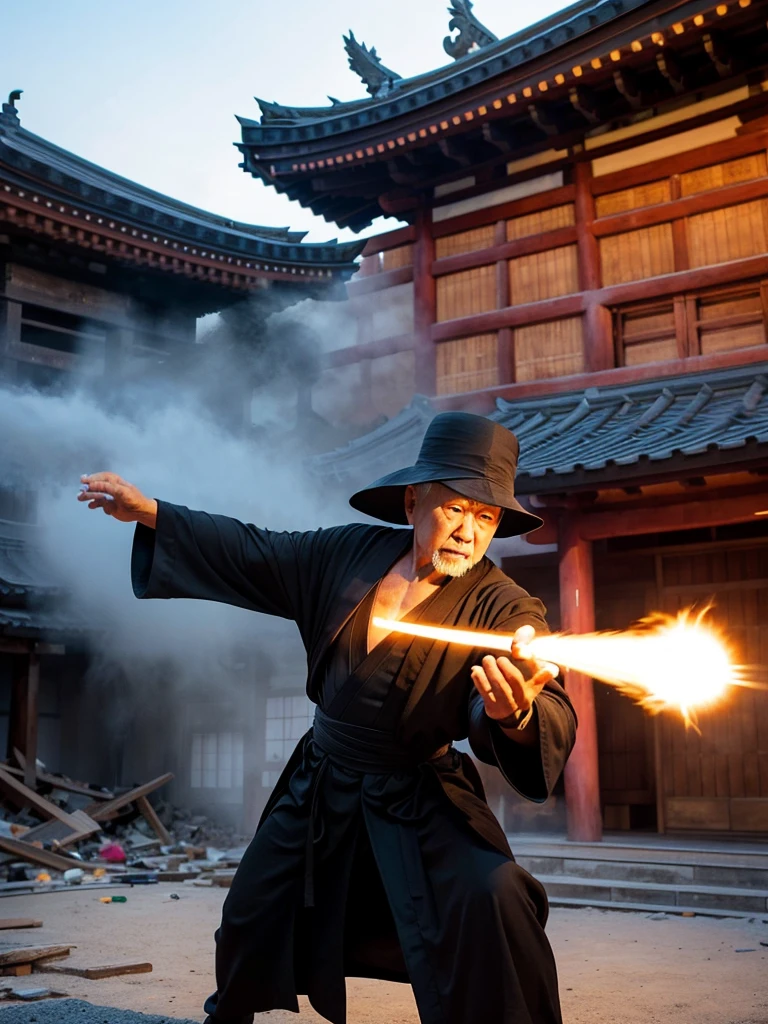 Highest quality,Highest Resolution,An old monk in a black robe shoots a Kamehameha-like beam from his hand and destroys buildings.,Japanese Temples,Destroying a building,