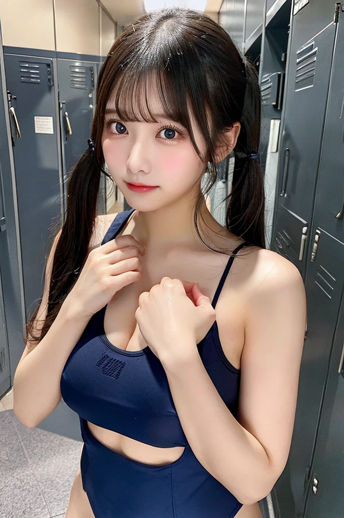 Browsing Caution、Big Tits 、((Locker room))、blue school swimsuit、full body、valley、whole body、double eyelid、Highest quality, Very detailed, Fine details, High resolution, 8K, Perfect dynamic composition, Beautiful details, Beautiful 20 year old woman、The only person,Black Hair、Glamorous Body、Cute face、Twin tails、valley、Exposed nipples、Wet skin