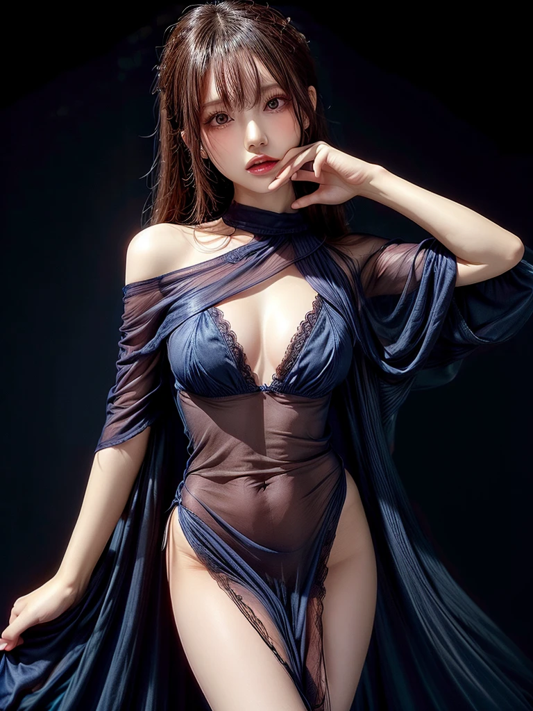 Black background、Professional Lighting、(((Professional Lighting 1.5)))、Translucent skin texture、Sheer skin、Beautiful Skin、、Off the shoulder、Navy Blue Dress、See-through 1.3、Dynamic Poses、