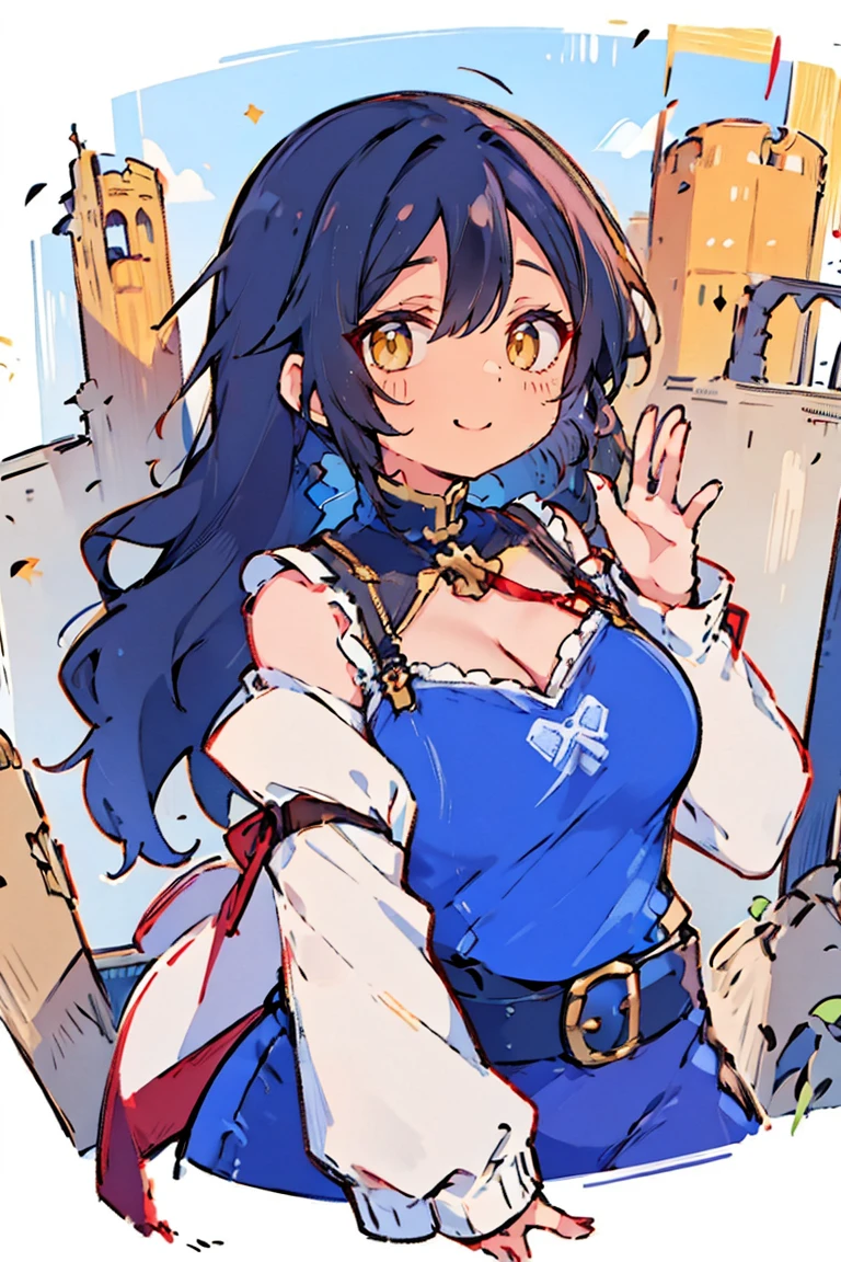 (masterpiece:1.2), (high quality:1.2), (hui xiyi:0.7), rekkyo sensen, rekkyou sensen, girls with((black hair, (tits cleavage:1.15), (breasts close up:1.15), (dress:0.65), (suspenders,blue clothes, belt:1.2), (frills shirt, combination of camisole and white knit sweater:1.2), exposed breasts, straps, (cross:1.05), upper body, (long wavy hair, one side up:1.2), long sleeves, (waving is hands, hands up, perfect hands, five fingers:1.05))), background with((fantasy world, ruin, castle, beautiful sky, shining sky, sunshine))