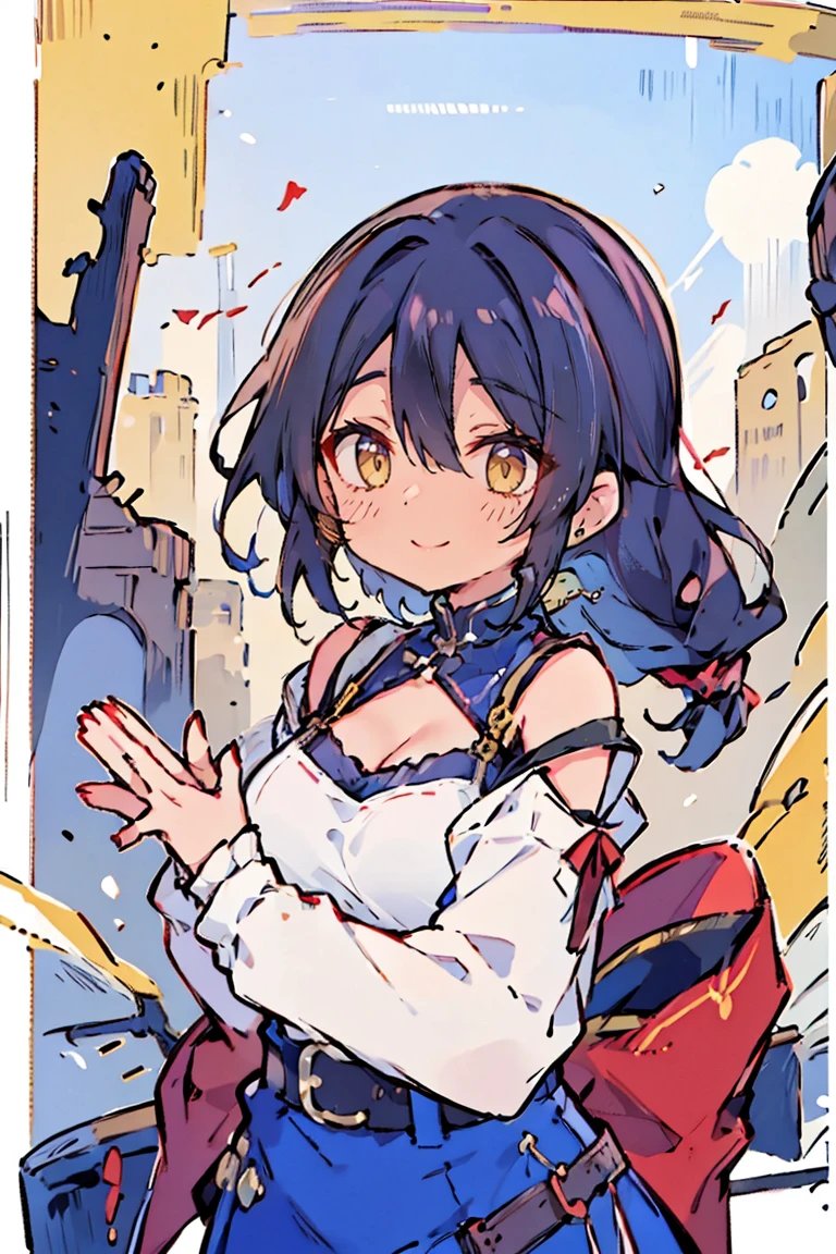(masterpiece:1.2), (high quality:1.2), (hui xiyi:0.7), rekkyo sensen, rekkyou sensen, girls with((black hair, (tits cleavage:1.15), (breasts close up:1.15), (dress:0.65), (suspenders,blue clothes, belt:1.2), (frills shirt, combination of camisole and white knit sweater:1.2), exposed breasts, straps, (cross:1.05), upper body, (long wavy hair, one side up:1.2), long sleeves, (waving is hands, hands up, perfect hands, five fingers:1.05))), background with((fantasy world, ruin, castle, beautiful sky, shining sky, sunshine))