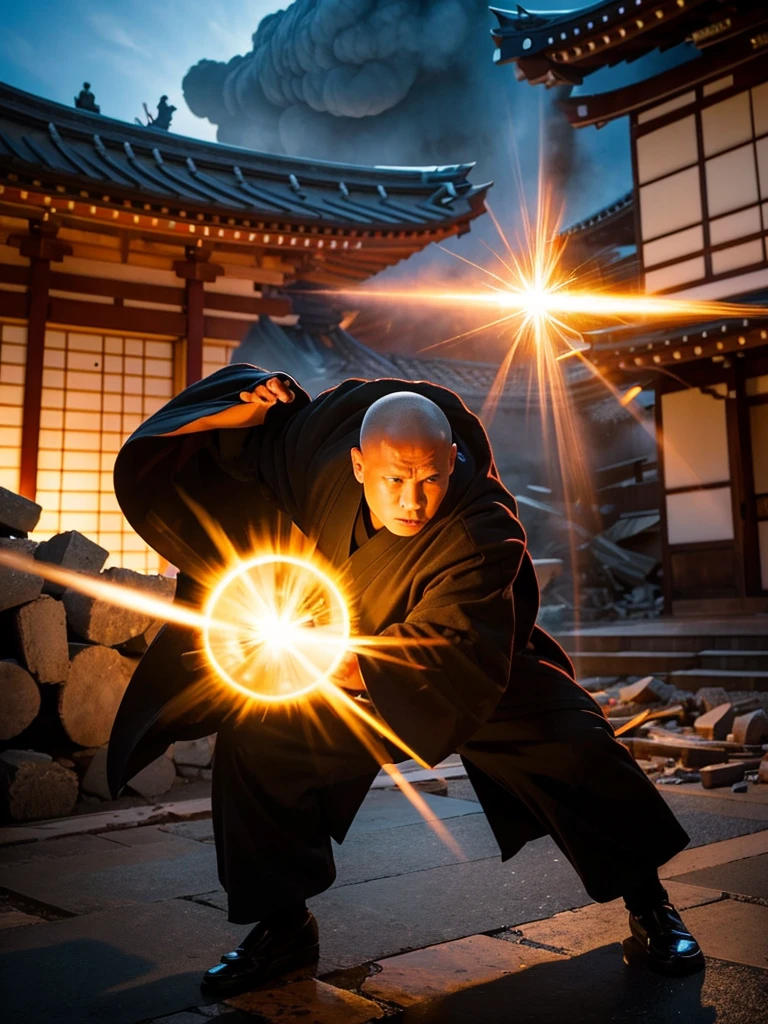 Highest quality,Highest Resolution,A skinhead monk wearing a black robe shoots a Kamehameha-like beam from his hand and destroys a building.,Japanese Temples,Destroying a building,