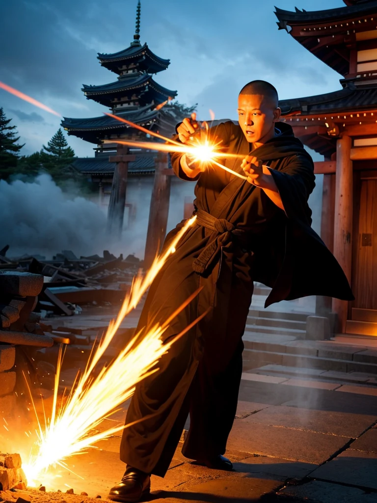 Highest quality,Highest Resolution,A skinhead monk wearing a black robe shoots a Kamehameha-like beam from his hand and destroys a building.,Japanese Temples,Destroying a building,