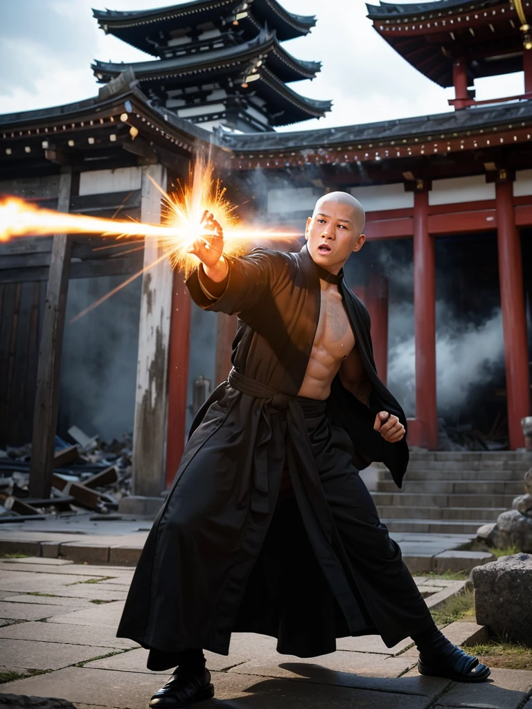 Highest quality,Highest Resolution,A skinhead monk wearing a black robe shoots a Kamehameha-like beam from his hand and destroys a building.,Japanese Temples,Destroying a building,