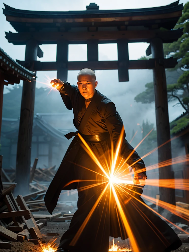 Highest quality,Highest Resolution,A skinhead monk wearing a black robe shoots a Kamehameha-like beam from his hand and destroys a building.,Japanese Temples,Destroying a building,