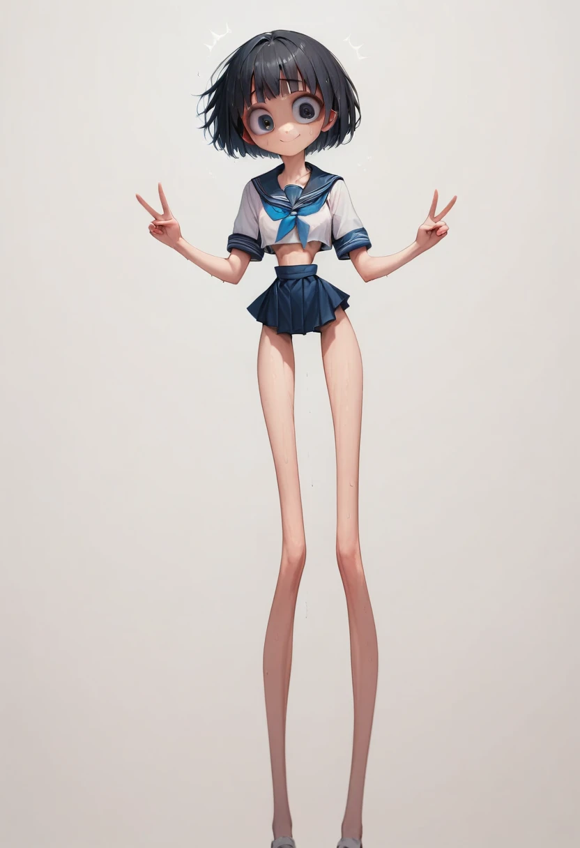 (masterpiece, best quality), front shot, 1girl, (micro waist, very long legs:1.3), Black hair, short bob hair, short height, scrawny and thin body, Light Skin, cute big eyes, cute beautiful thin face, forced smile, serafuku, pigeon-toed, wet and sweaty, visible ribs, V sign, Trembling