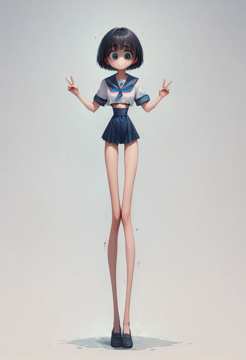 (masterpiece, best quality), front shot, 1girl, (micro waist, very long legs:1.3), Black hair, short bob hair, short height, scrawny and thin body, Light Skin, cute big eyes, cute beautiful thin face, forced smile, serafuku, pigeon-toed, wet and sweaty, visible ribs, V sign, Trembling