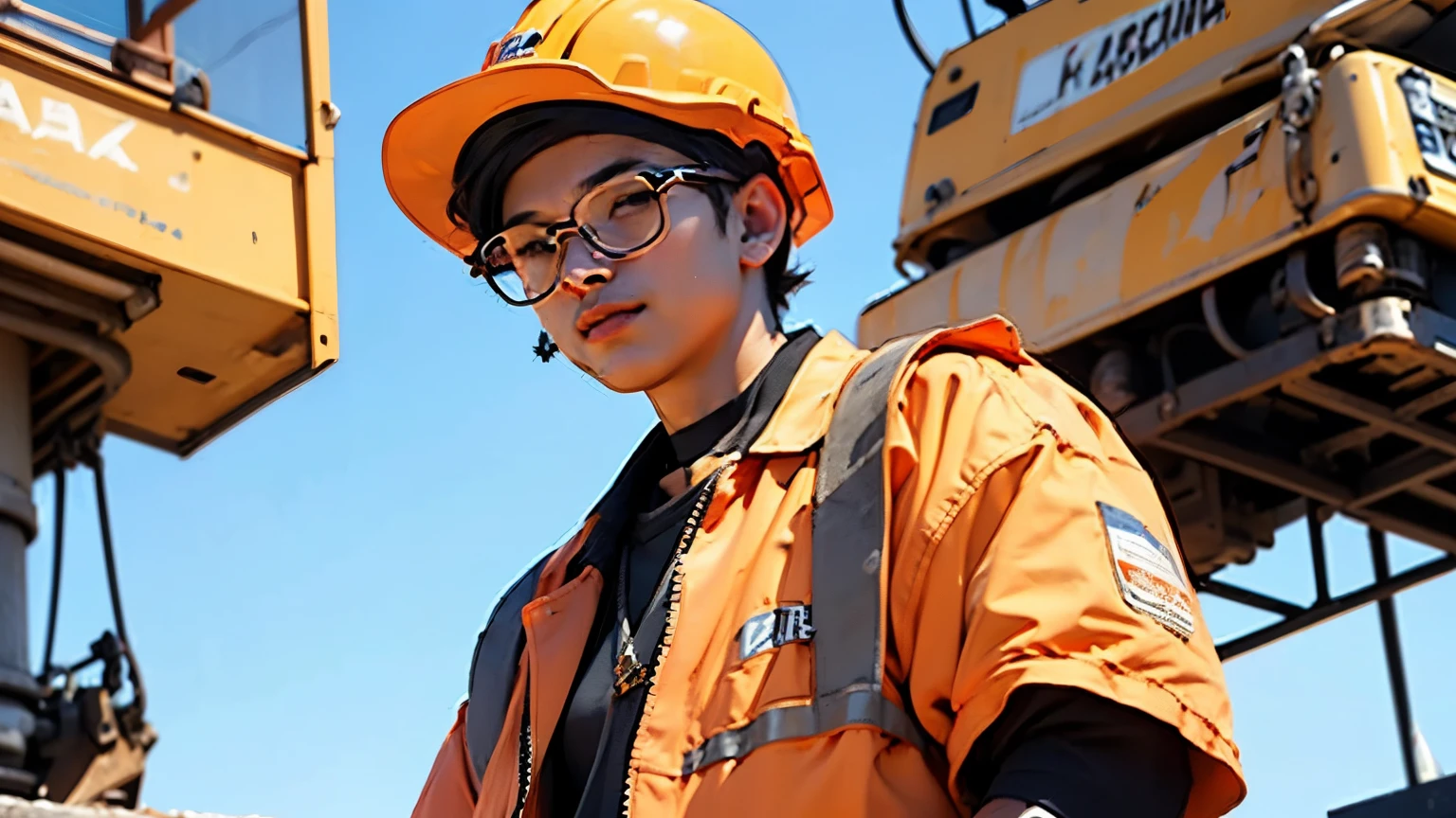 ((Highest quality)), ((masterpiece)), (detailed), , A beautiful construction worker wearing a helmet、A future construction site in the daytime, where AI construction machinery is being instructed and working energetically