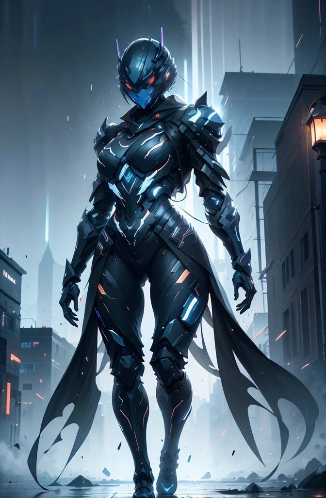 Masterpiece, best quality, highly detailed, cyborg women, sexy cyborg women, elegant cyborg, blue crystal gem on chest, ((black and blue) cyborg), Mechanical body and helmets, (fullface helmet with horn)), black visor, slim waist, wide hips, thick thighs, athletic, proportional body, (waist cape), long sword, ((black and blue color scheme:1.2)), ((no hair:1.2)), (8K), Wallpaper, UHD, HDR, intricate details, complex design, ultra detailed, hyper realistic, lifelike, realistic texture, smooth texture, shadows, dynamic lighting, (City at night), standing in rain, Beautiful scenery, Magical Atmosphere, Melancholic, Light Rain, Light blue Crystal particles