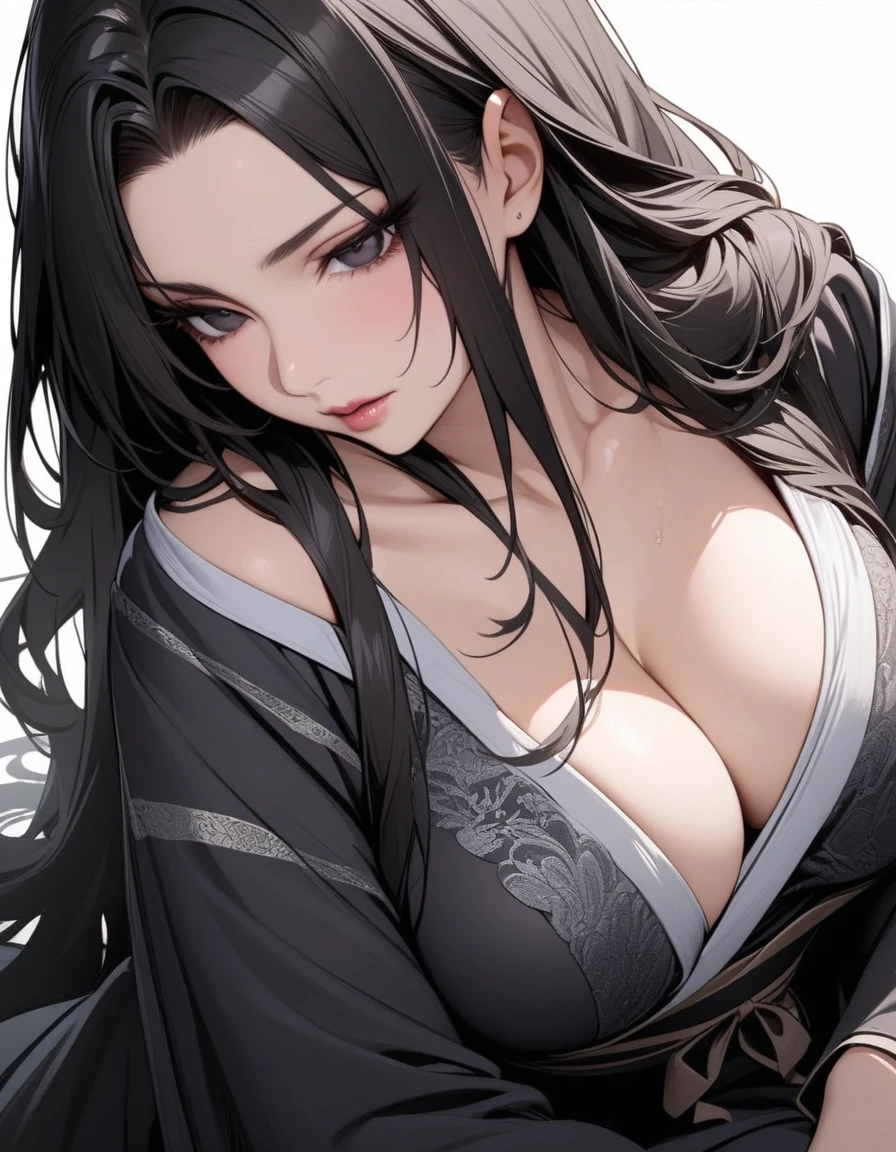 Mature big sister，Black long hair，Hanfu，Seductive pose，Beautiful black eyes，Extremely detailed，high resolution，Simple background