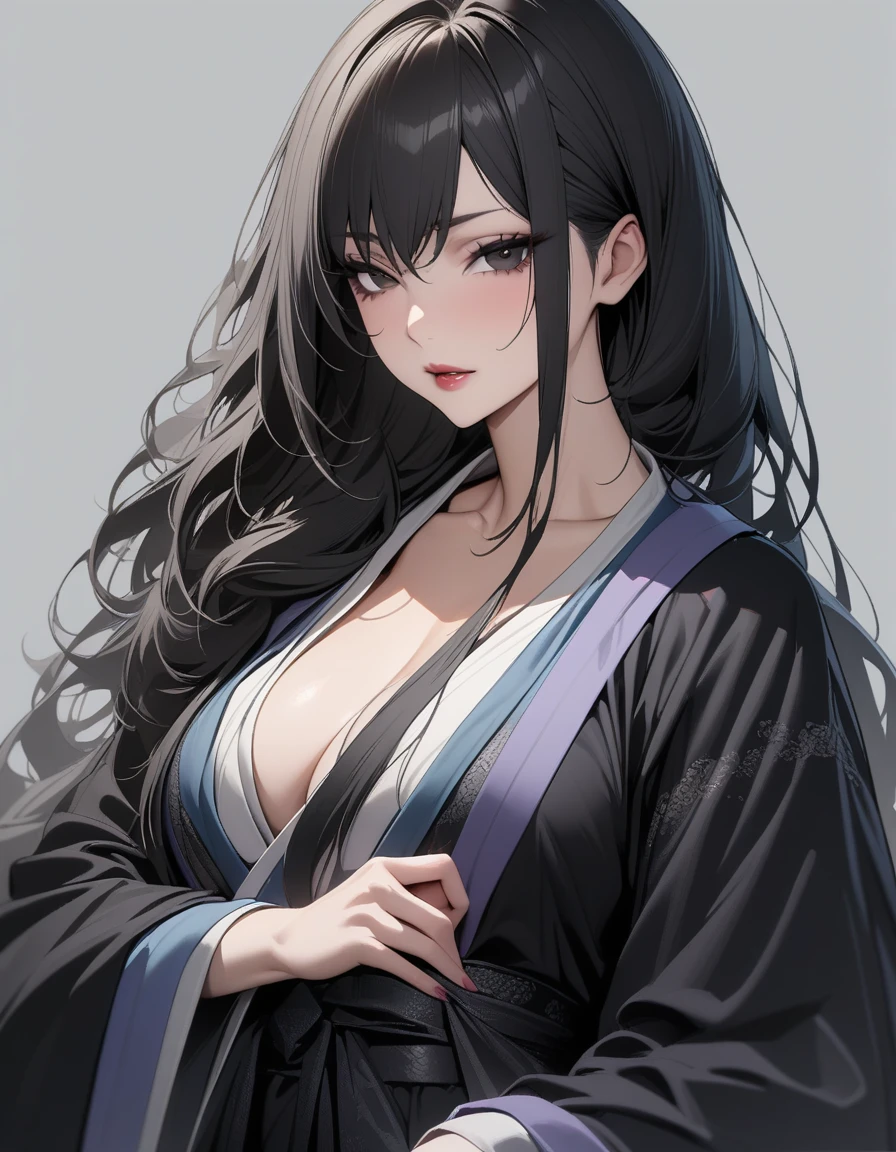 Mature big sister，Black long hair，Hanfu，Seductive pose，Beautiful black eyes，Extremely detailed，high resolution，Simple background