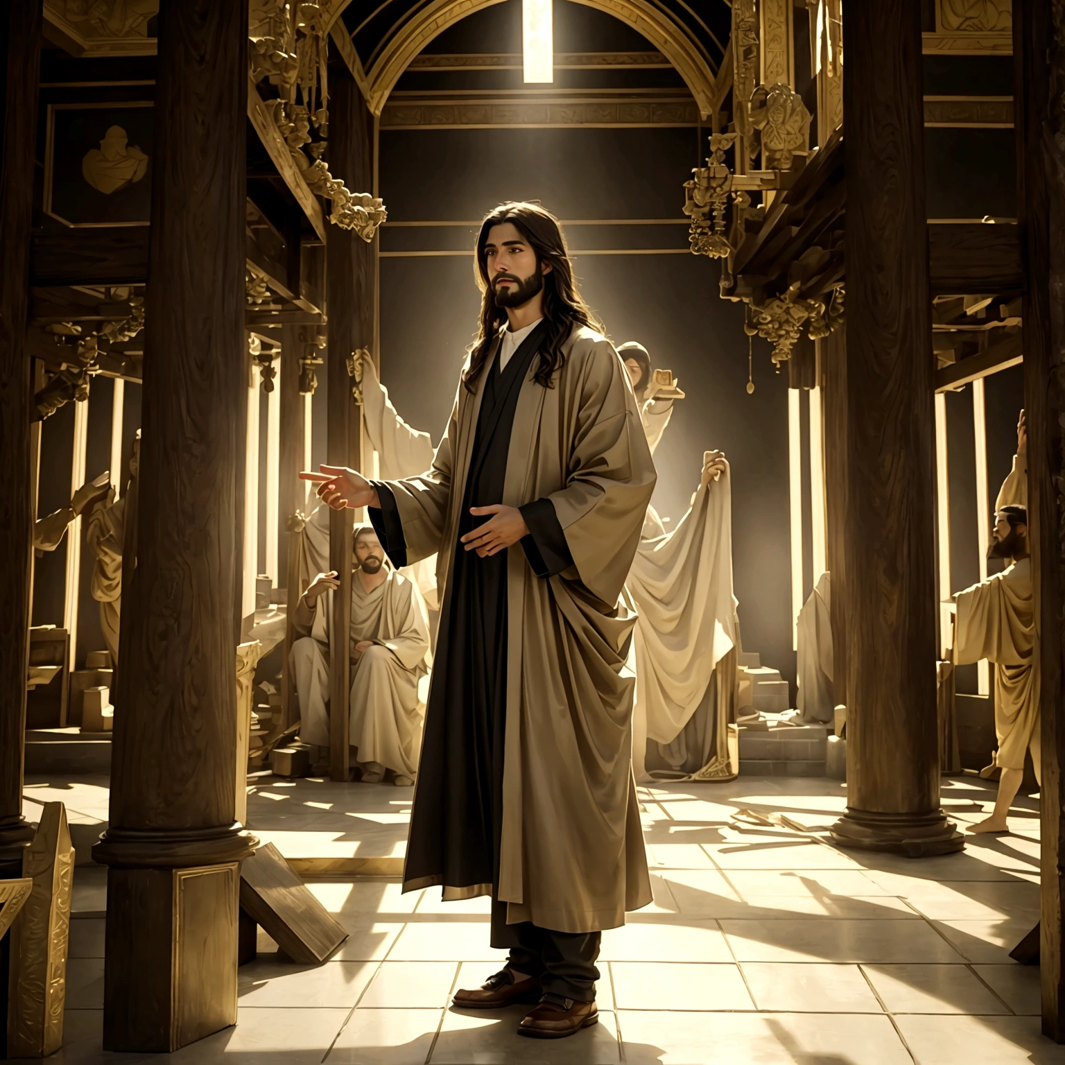 Create a scene of Jesus as a young man preaching in the temple. photorealistic picture, with impeccable detail. Impressive temple with prophets inside.