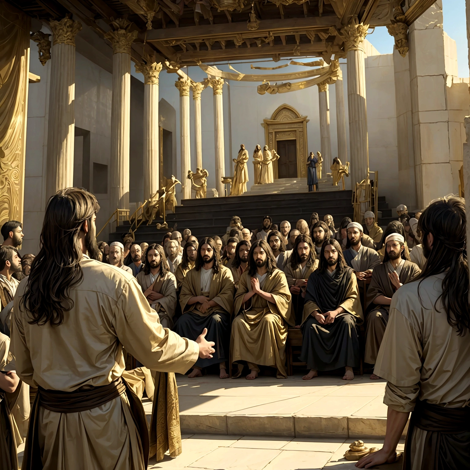 Create a scene of Jesus as a young man preaching in the temple. photorealistic picture, with impeccable detail. Impressive temple with prophets inside.