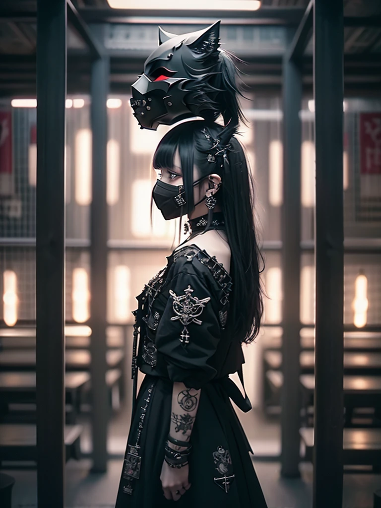 Highest quality、8K、masterpiece：1.3、Gothic Punk、The inside color is red、Black-haired、hair ornaments、Beautiful sexy adult woman、creative、Dark Fantasy Style、Neogoth、Goth Fashion：1.2、High resolution、masterpiece、Highest quality、頭w:1.3、((Hasselblad Photos))、Fine skin、Sharp focus、(Cinematic lighting)、Realistic textured hair、((Black Mask)),Esbian all over、((View from below))Sulky look、Menhera、Mine system