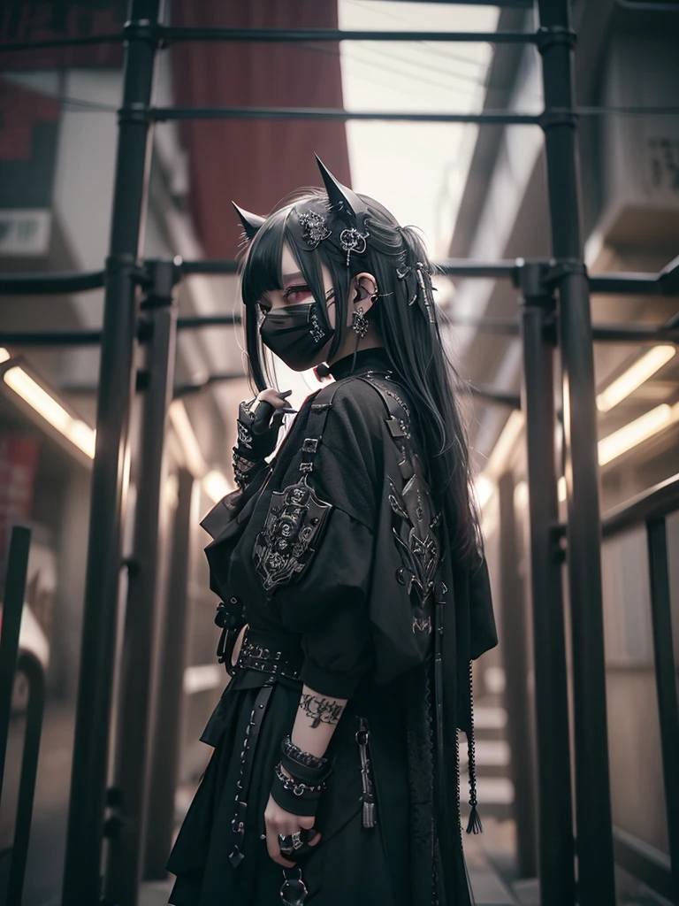 Highest quality、8K、masterpiece:1.3、Gothic Punk、The inside color is red、Black-haired、hair ornaments、Beautiful sexy adult woman、creative、Dark Fantasy Style、Neogoth、Goth Fashion:1.2、High resolution、masterpiece、Highest quality、頭w:1.3、((Hasselblad Photos))、Fine skin、Sharp focus、(Cinematic lighting)、Realistic textured hair、((Black Mask)),Esbian all over、((View from below))Sulky look、Menhera、Mine system