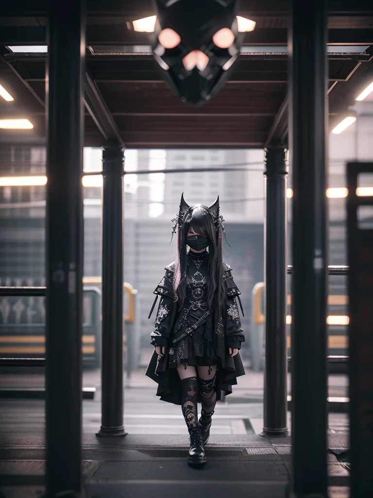 Highest quality、8K、masterpiece:1.3、Gothic Punk、The inside color is red、Black-haired、hair ornaments、Beautiful sexy adult woman、creative、Dark Fantasy Style、Neogoth、Goth Fashion:1.2、High resolution、masterpiece、Highest quality、頭w:1.3、((Hasselblad Photos))、Fine skin、Sharp focus、(Cinematic lighting)、Realistic textured hair、((Black Mask)),Esbian all over、((View from below))Sulky look、Menhera、Mine system