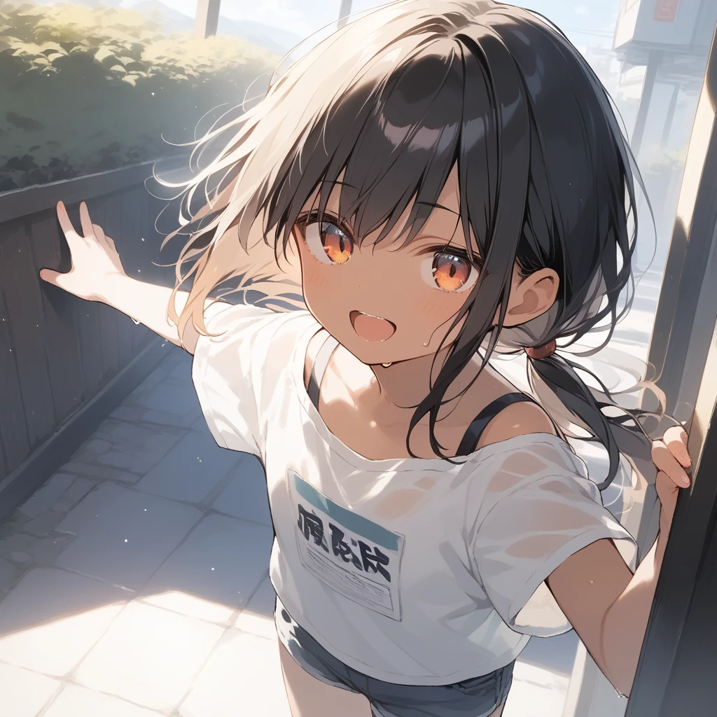score_9, score_8_up, score_7_up, source_anime, best quality, masterpiece, official art, absurdres, highres, ultra-detailed,waifu2x,Collection: Slice of Life,break,1girl, tomboy, dark-skinned female, short hair, low ponytail, flat chest, beautiful detailed eyes, short shorts, sweat, open mouth, (yawn:0.3), sleepily, outdoors, wind, break,(clear line illustration:1.2),very high resolution, very aesthetic, super detailed skin, Best sexual lighting powered by famous artist, 8k,cute picture,beauty illustration,photoshop_(medium),,(Detailed Lighting),best anime 8k konachan wallpaper, pixiv contest winner,