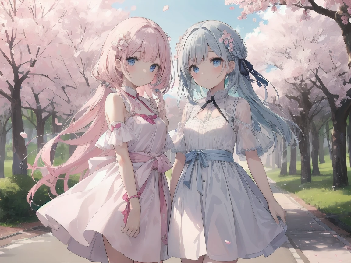 Cute Girls、Pink Hair、Long Hair、Light blue eyes、White dress、Cherry blossom hair accessory、Pink ribbon at waist、The background is a forest