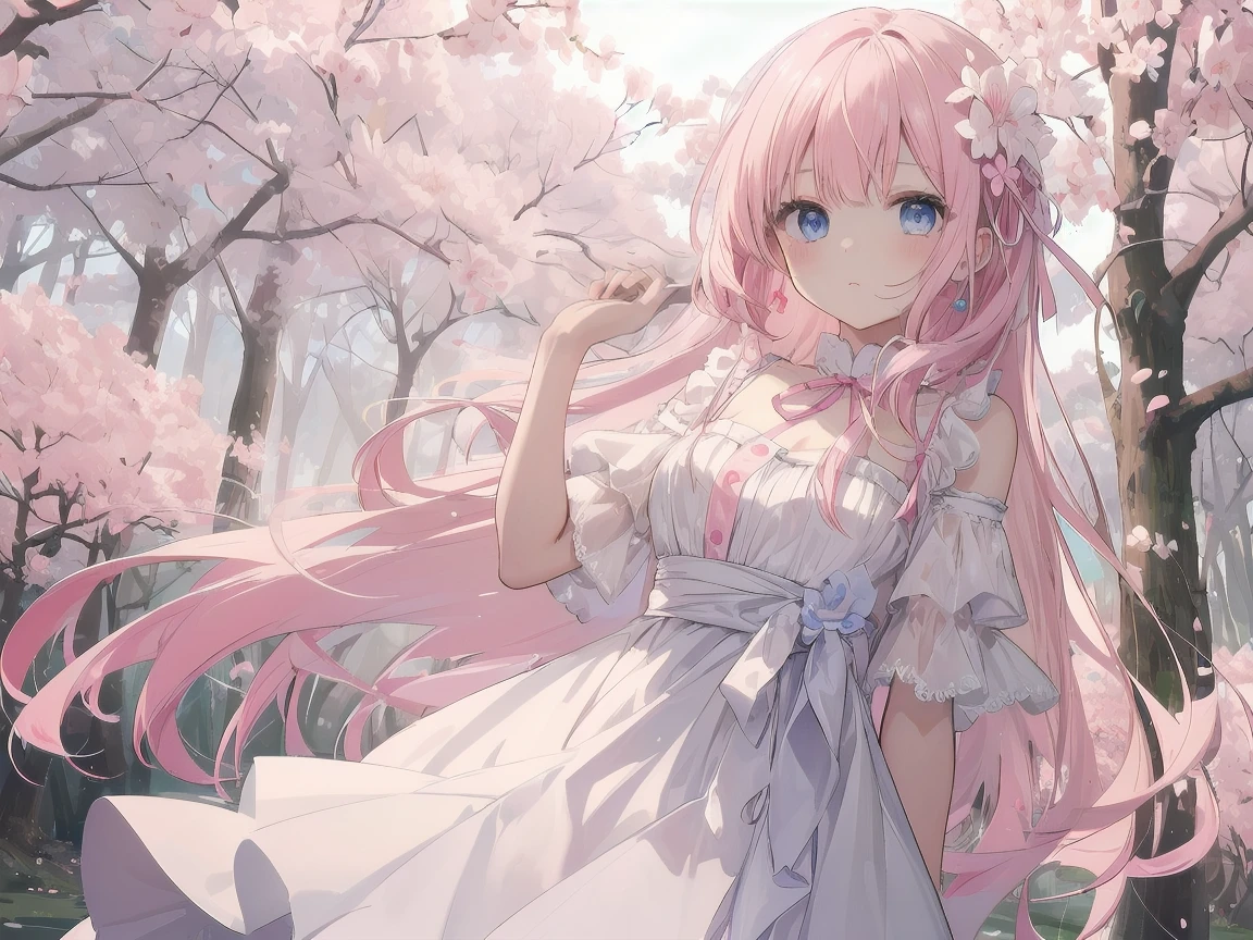 Cute Girls、Pink Hair、Long Hair、Light blue eyes、White dress、Cherry blossom hair accessory、Pink ribbon at waist、The background is a forest
