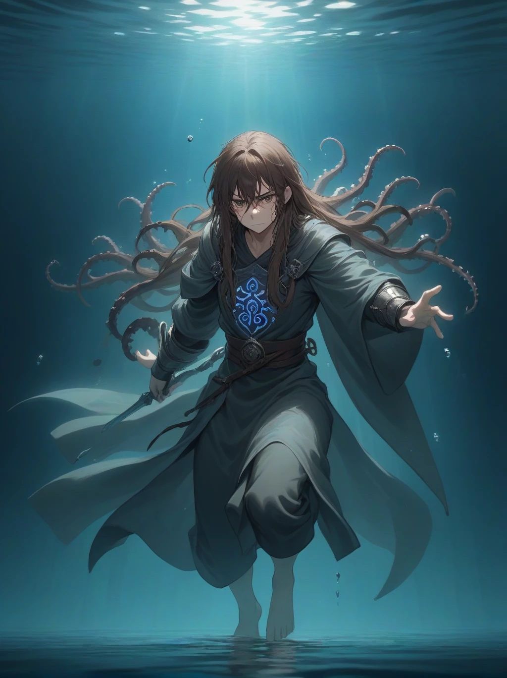 Partially underwater,最high quality,high quality, , Long Hair, Brown Hair, Wet Hair, Flat Chest,Dark underground labyrinth,No light,Cloth armor,Equipped with a dagger and a shield,Face above water,Body in water, Underwater Photography,The robe rolls up due to buoyancy,Painful face、My leg is pulled by tentacles、Being dragged into the water、Go wild