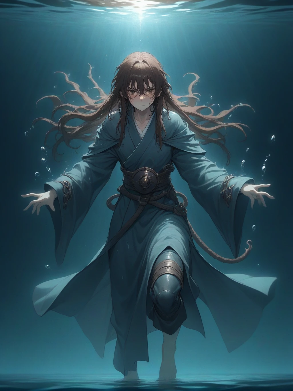 Partially underwater,最high quality,high quality, , Long Hair, Brown Hair, Wet Hair, Flat Chest,Dark underground labyrinth,No light,Cloth armor,Equipped with a dagger and a shield,Face above water,Body in water, Underwater Photography,The robe rolls up due to buoyancy,Painful face、My leg is pulled by tentacles、Being dragged into the water、Go wild