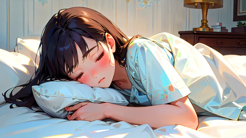 (Highest quality, masterpiece, Ultra-realistic), Beautiful and delicate15Year-old girl portrait,, The background is the bedroom at home.。Sleeping with a calm expression。It's pitch black in the room.。It's raining outside。