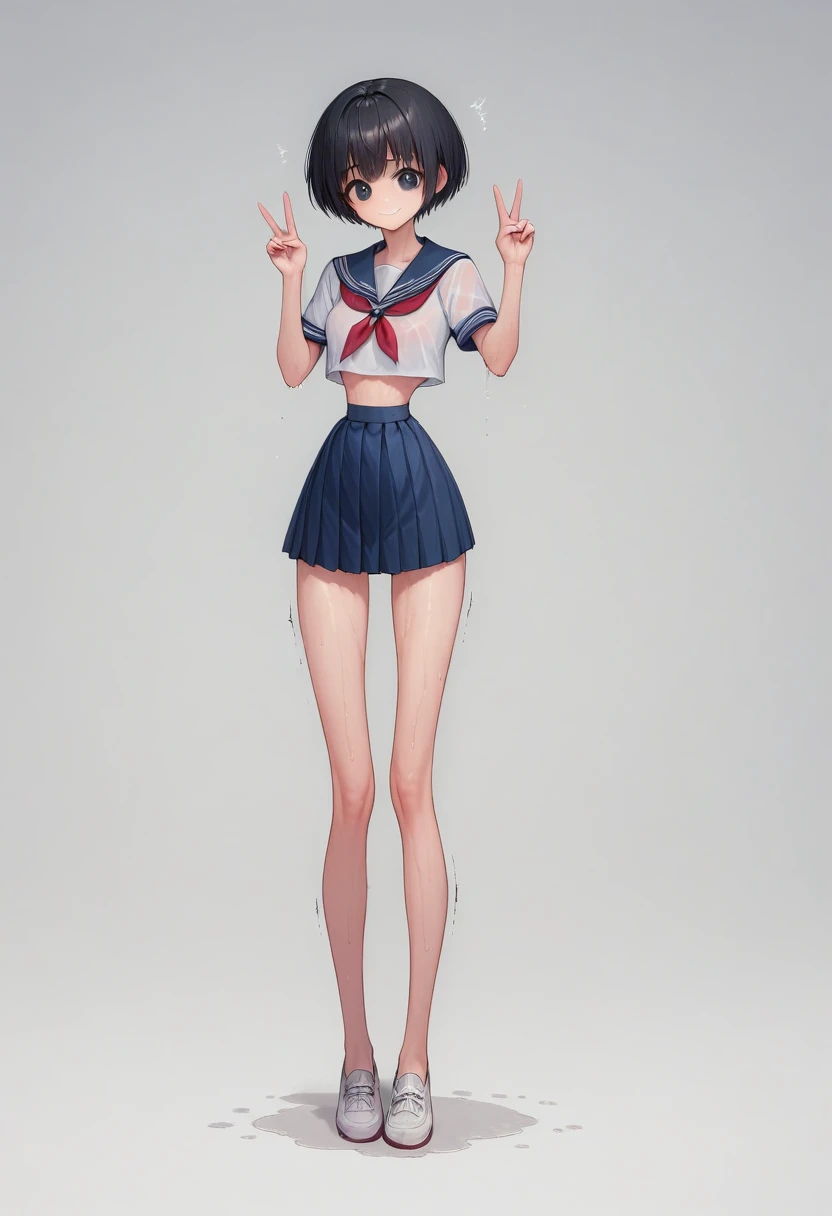 (masterpiece, best quality), front shot, 1girl, beautiful, (micro waist, very long legs:1.3), Black hair, short bob hair, short height, scrawny and thin body, Light Skin, cute big eyes, cute beautiful thin face, forced smile, serafuku, pigeon-toed, wet and sweaty, visible ribs, V sign, Trembling