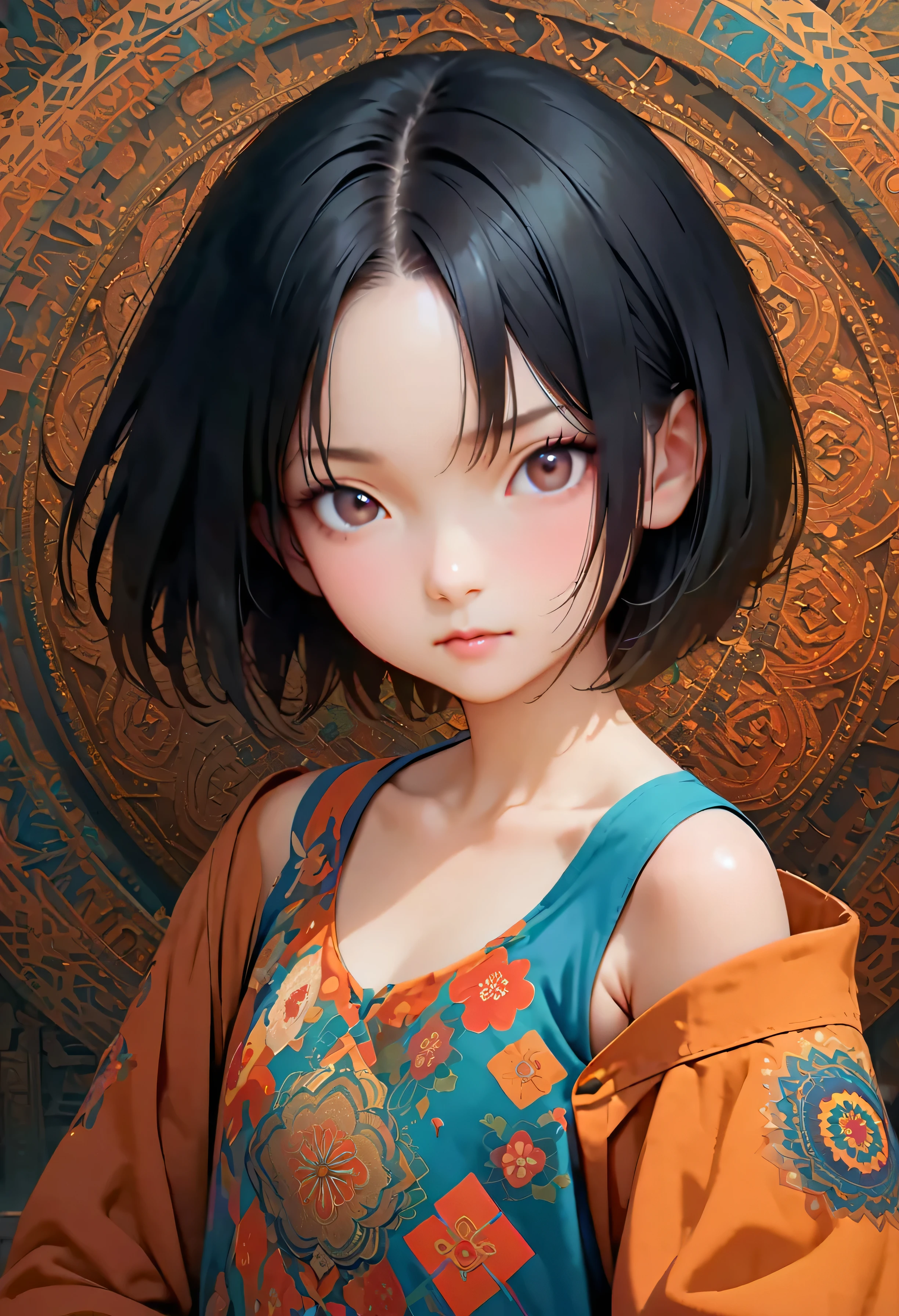 Official Art, wallpaper, Very detailed, (((Very detailedな目と顔))), masterpiece, Highest quality, One girl, Realistic portraits, (Mandala), Complex clothing, Very detailed, Dynamic Angle, The most beautiful form of chaos, elegant, Brutalist Design, Vibrant colors, Romantic Chinese Flowers, Short Bob Hair, forehead, 12 years old, Whole body shot, White background