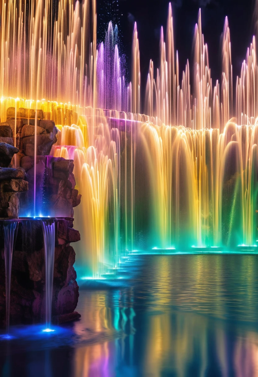 Dancing water columns of a musical fountain、Various combinations of light and water column々Create a unique pattern,Create a colorful scene,Detailed fantasy digital art,Highly detailed digital art in 4K,fantasy art action,Nice、money、High-quality images