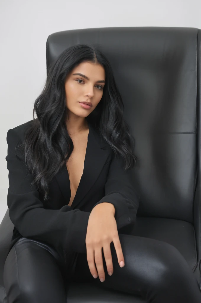 (a thin woman). (black, medium and wavy hair, parted in the middle). She is 20 years old. ((She wears a black blouse, black blazer and sophisticated black pants)). well-groomed and realistic hands. She is sitting in a modern leather armchair, white background, with a floor lamp. (photo must not be vulgar). Extremely realistic photo, 8k quality.