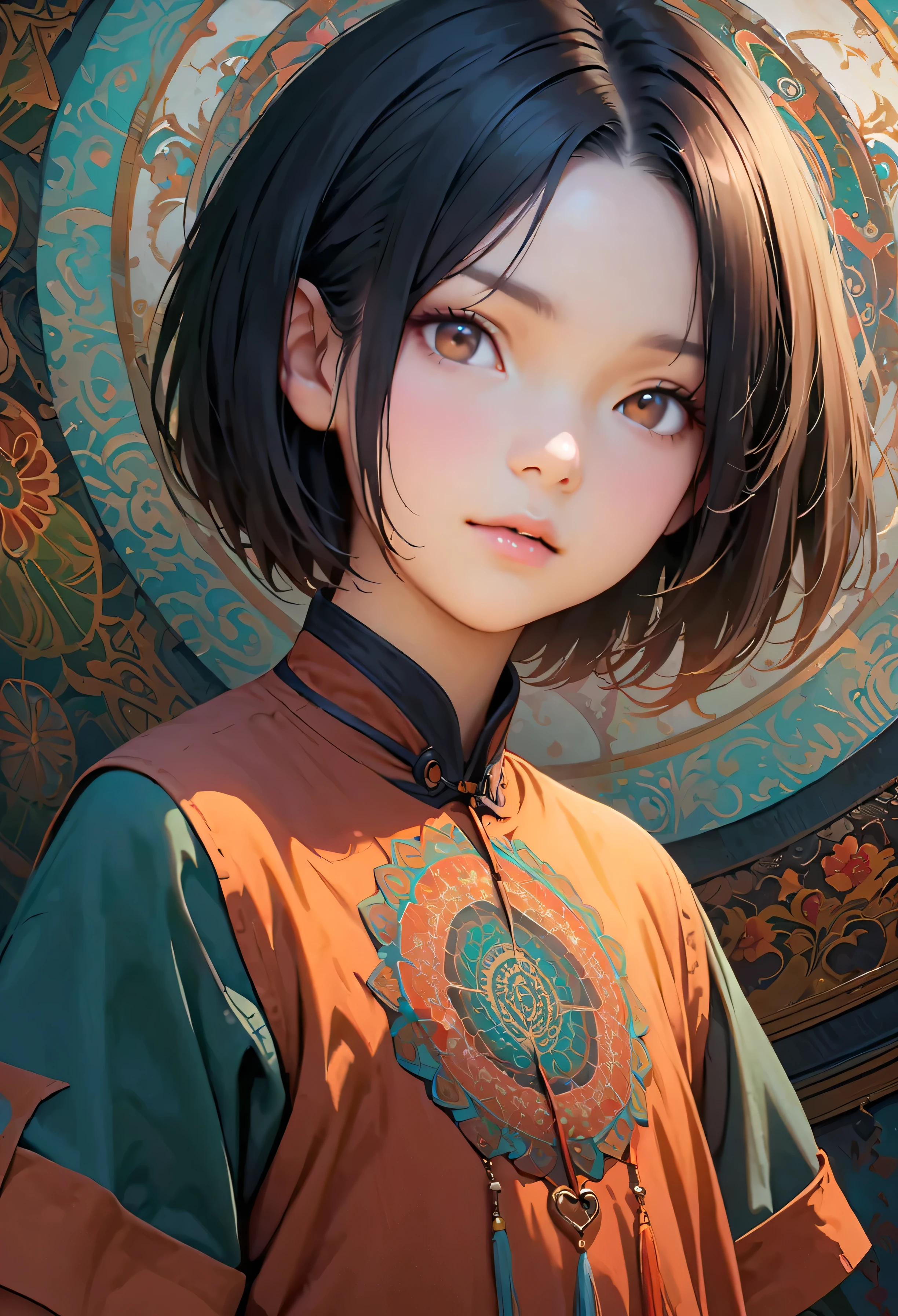 Official Art, wallpaper, Very detailed, (((Very detailedな目と顔))), masterpiece, Highest quality, One girl, Realistic portraits, (Mandala), Complex clothing, Very detailed, Dynamic Angle, The most beautiful form of chaos, elegant, Brutalist Design, Vibrant colors, Romantic Chinese Flowers, Short Bob Hair, forehead, 12 years old, Whole body shot, White background