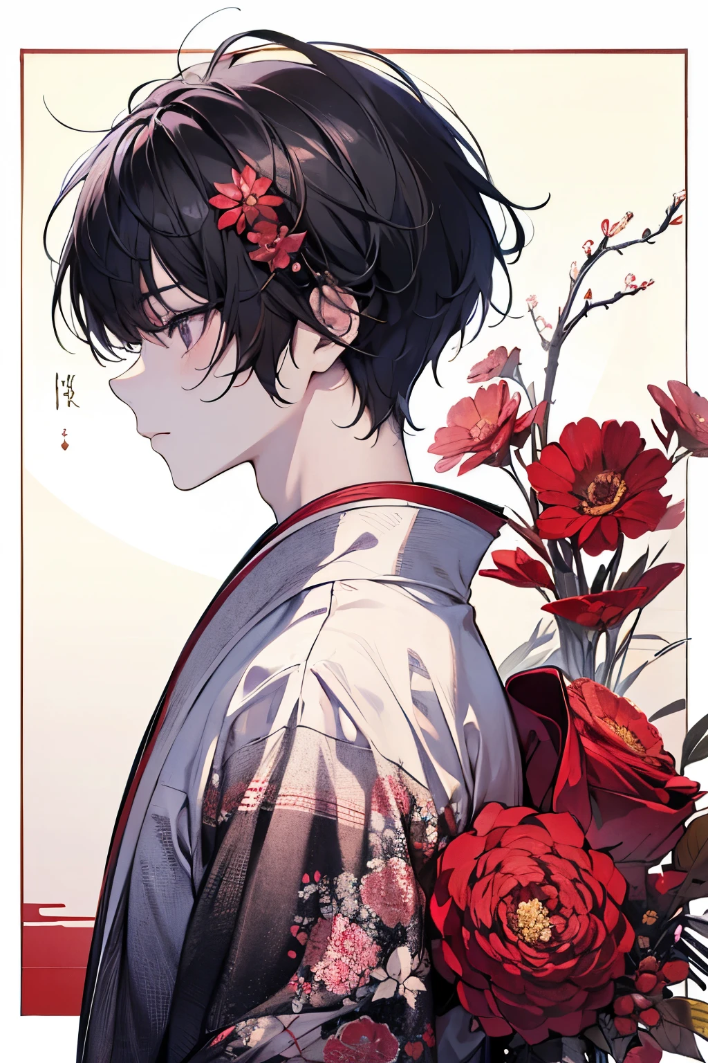 (masterpiece, highest quality:1.2), One men's, alone, (junihitoe:1.2), (12 layered kimono:1.2), ( black hair:1.2), (no hair ornaments:1.2), red karaginu, court crest print, open hiogi, purple-red hakama, white mo-skirt, red bodered strip, hole body, From diagonally ahead, from front, from side, simple Background, blank background, CROW