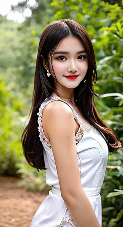 Girl wear white rompers , little smile ,sharp eye , perfect face , ,dense forest.