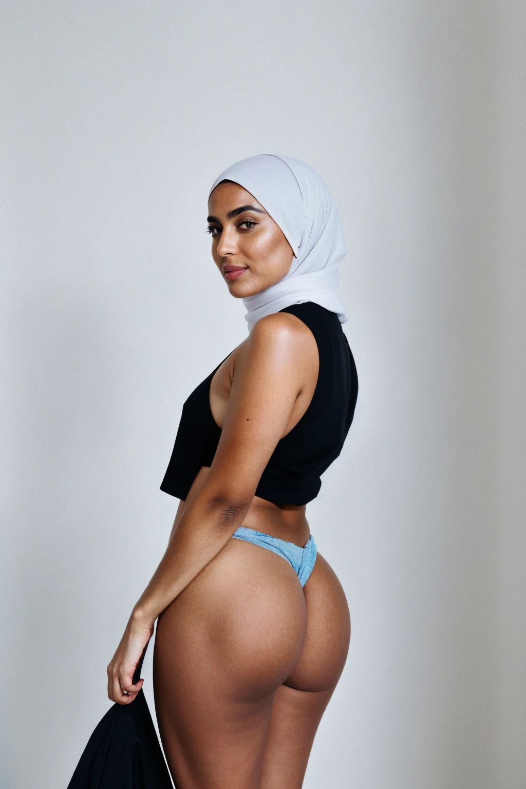 RAW photo,candid photograph, full body,photo of a beautiful,influencer,30yo Kurdish woman,black hijab, detailed skin, naked, looking at viewer, thick body structure,white background,no background, candid pose,blue light, film grain, kodak color, instagram LUT