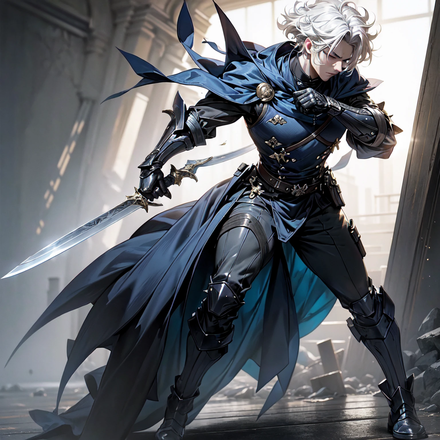 (masterpiece:1.2, best quality),Extremely detailed,Highest definition,8K,Anime CG, 1 young man,Tall,White hair,Medium to short hair,Slightly curly hair,Bangs on both sides cover the ears,Gray eyes,modern style,Mercenary status,Modern mercenary style clothing,Tactical Clothing,Fighting Stance,A sword with a huge blade carried in one hand,Sword body dark blue,Moonlight Blade,Cold expression,Well-proportioned body,Gorgeous combat costumes,The background is a lighted corridor