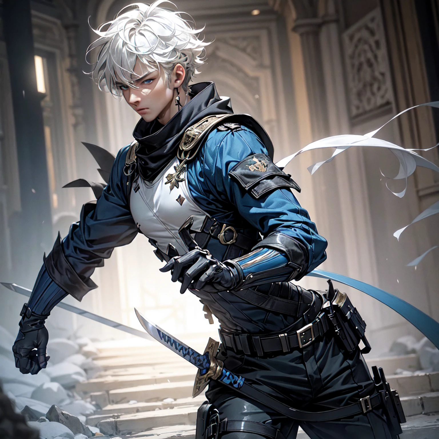 (masterpiece:1.2, best quality),Extremely detailed,Highest definition,8K,Anime CG, 1 young man,Tall,White hair,Medium to short hair,Slightly curly hair,Bangs on both sides cover the ears,Gray eyes,modern style,Mercenary status,Modern mercenary style clothing,Tactical Clothing,Fighting Stance,A sword with a huge blade carried in one hand,Sword body dark blue,Moonlight Blade,Cold expression,Well-proportioned body,Gorgeous combat costumes,The background is a lighted corridor