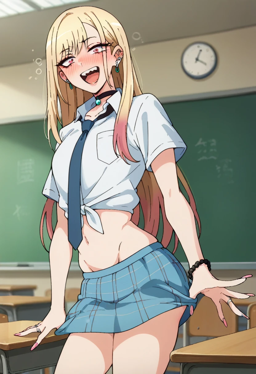 score_9, score_8_up, score_7_up, source_anime, KitagawaMarin, 1girl, ((shows her naked vagina)), ((about to enjoy)), ((lower her skirt)), ((very drunk)), ((staggers)), upper teeth only, multicolored hair, long hair, magenta eyes, ear piercing, earrings, pink nails, makeup, MarinSchool, bead bracelet, black choker, neck bell, ring, collared shirt, ((white shirt unbuttoned)), short sleeves, blue necktie, plaid skirt, blue skirt, tied shirt, standing, looking at viewer, indoors, ((in a locker)),