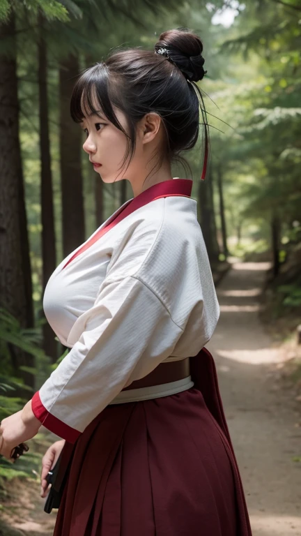 Young Samurai Girl, ultra details, 8k, closeup on her big round breasts, in the background a forest