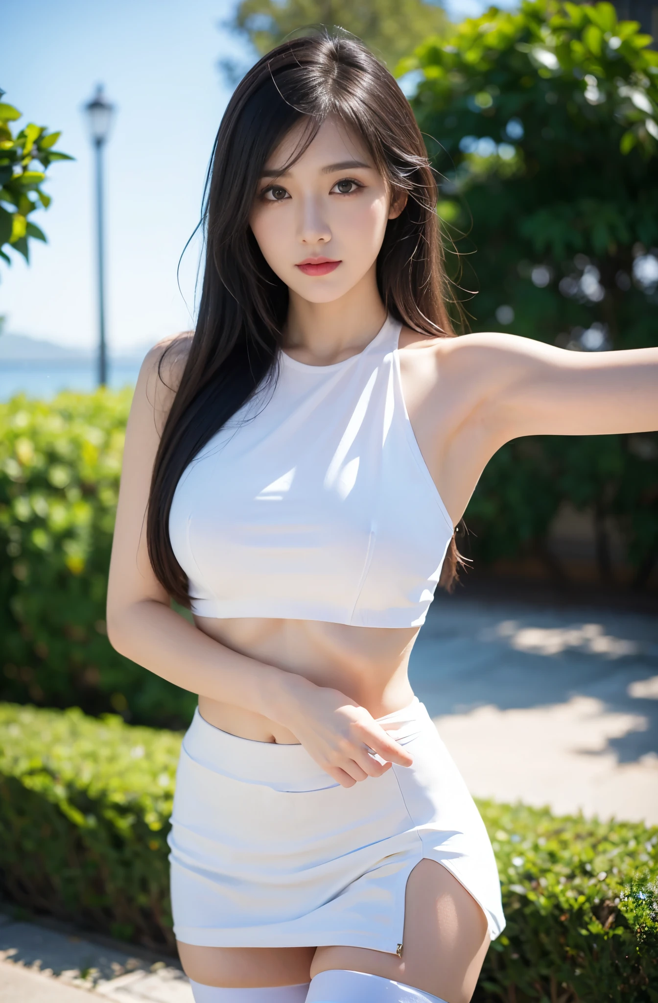 masterpiece, best quality, 1girl, aqua eyes, black hair, closed mouth, outdoors, solo,(((upon body))), alluring, clean, beautiful face,pure face, pale skin, sexy pose,((perfect female figure)), mature female, milf, underskirt,thighhighs