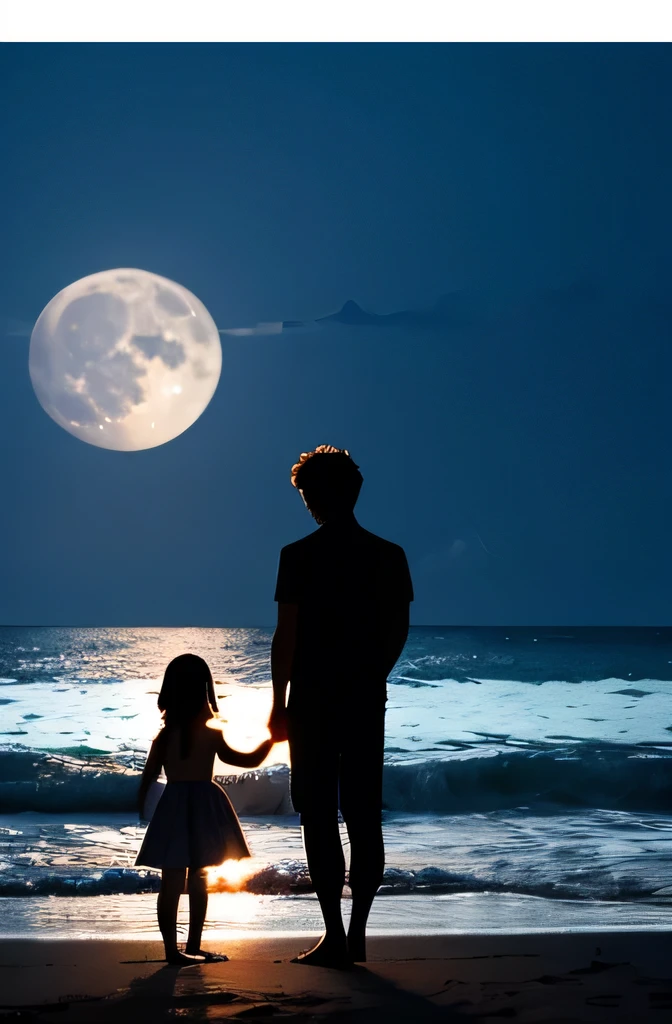 Sea and full moon,Silhouette of man and woman,Highest quality,masterpiece