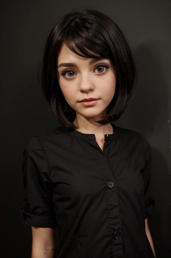 blythe doll with straight brownish black shorthair, dark brown eyes, black clothes