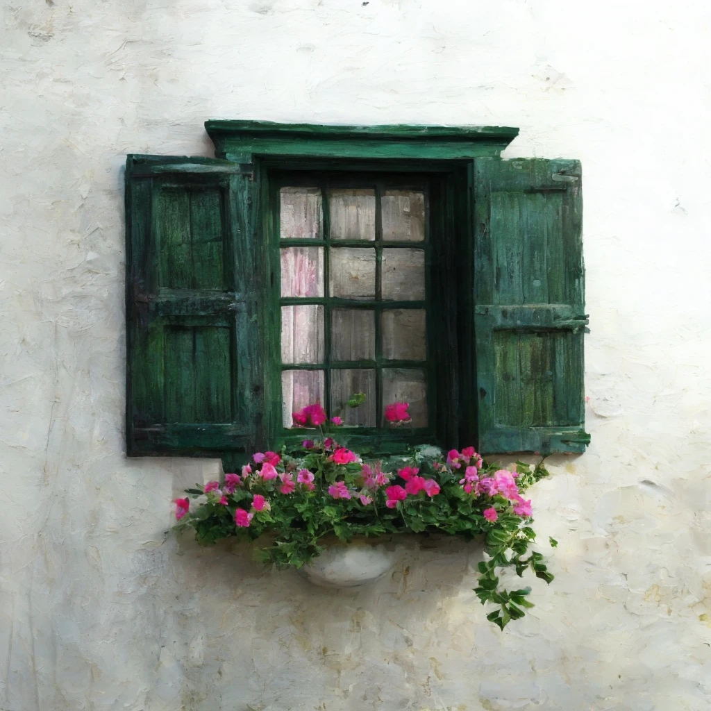 masterpiece, ultra detailed, beautiful, distinct, best aesthetic, super fine illustration, rustic green wooden window shutters, weathered white wall texture, vibrant pink flowers, lush green leaves, window box, soft natural light, gentle shadows, vintage European architecture, close-up angle, #drawing style: Mixed Media #painting method: Impasto, pointier painting method, pointillism technique, repousso