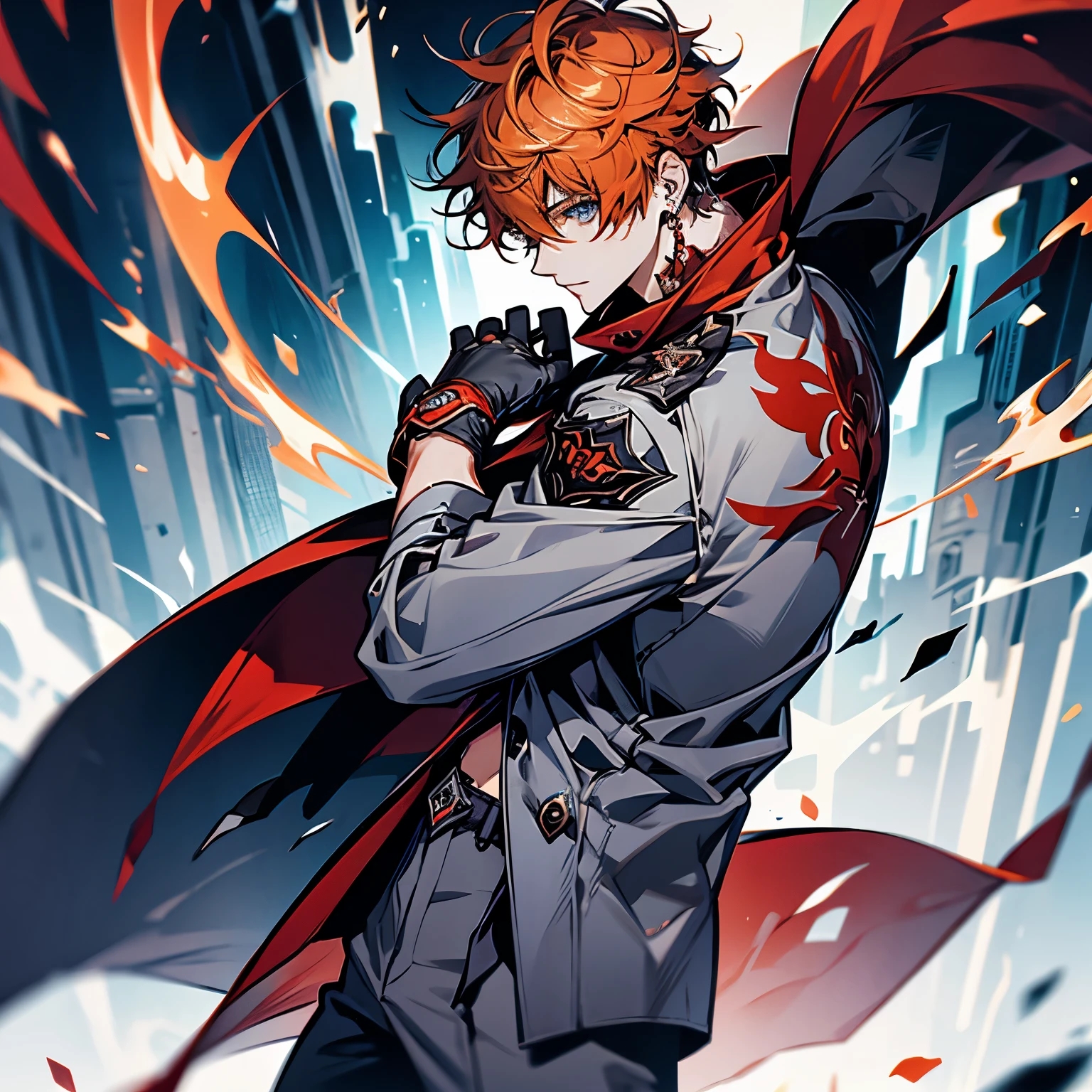 childe, solo, short hair, blue eyes, shirt, gloves, 1boy, hair between eyes, jewelry, jacket, male focus, earrings, black gloves, pants, orange hair, mask, single earring, red scarf, grey jacket, vision (genshin impact), mask on head, half gloves, grey pants, red mask, dynamic pose, from the side and rear