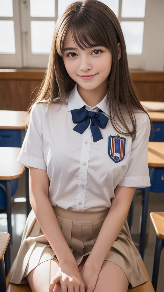 (Highest quality,masterpiece:1.3,Ultra-high resolution),(Very detailed,Caustics,8K),(Realistic:1.4,RAW shooting),French girl in high school uniform,smile,18-year-old,french hair color、Long Haircut,Looking into the camera,School classroom,I&#39;m sitting on a chair and studying、Waist up shot,front,Face Focus,Face close-up,(Warm Light),Professional Writing