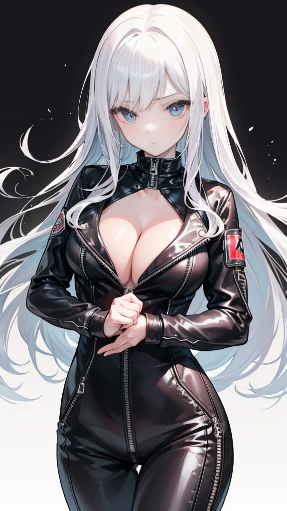 beautiful girl,(Racing girl),Leather jumpsuit,(黑色Leather jumpsuit),Leather Clothes,White long hair,(White hair),Bangs,Zipper to open,(Leather jacket zipped up),((Cleavage)),Open your heart,(Shy expression)