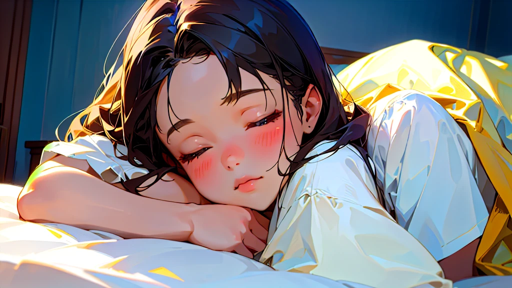 (Highest quality, masterpiece, Ultra-realistic), Beautiful and delicate１５Year-old girl portrait,, The background is the bedroom at home.、Sleeping with a calm expression、Time is midnight、It&#39;s pitch black in the room.、It&#39;s raining outside