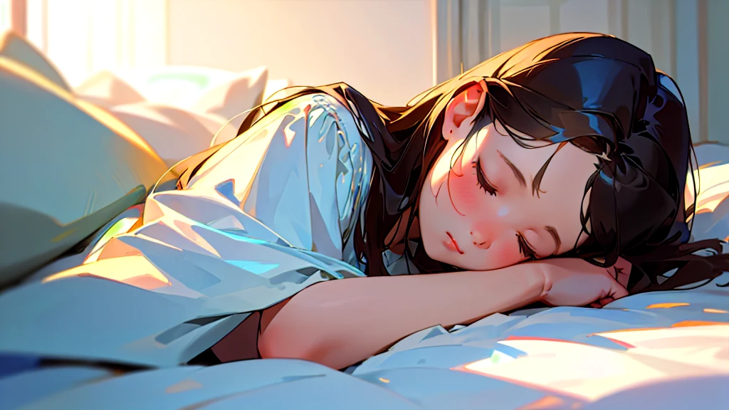 (Highest quality, masterpiece, Ultra-realistic), Beautiful and delicate１５Year-old girl portrait,, The background is the bedroom at home.、Sleeping with a calm expression、Time is midnight、It&#39;s pitch black in the room.、It&#39;s raining outside